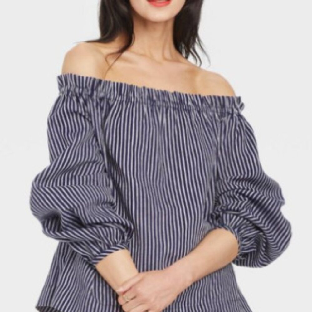 a new day Navy and White Striped Off-Shoulder Blouse